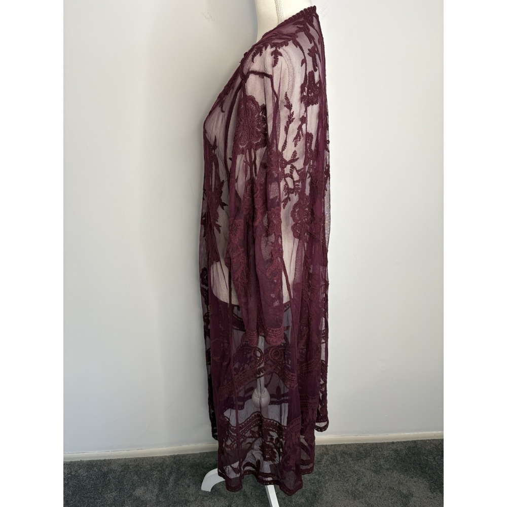 Open Cardigan Lace Kimono Sz Large Wine Sheer Layering Boho Romantic Fairy - Picture 5 of 9